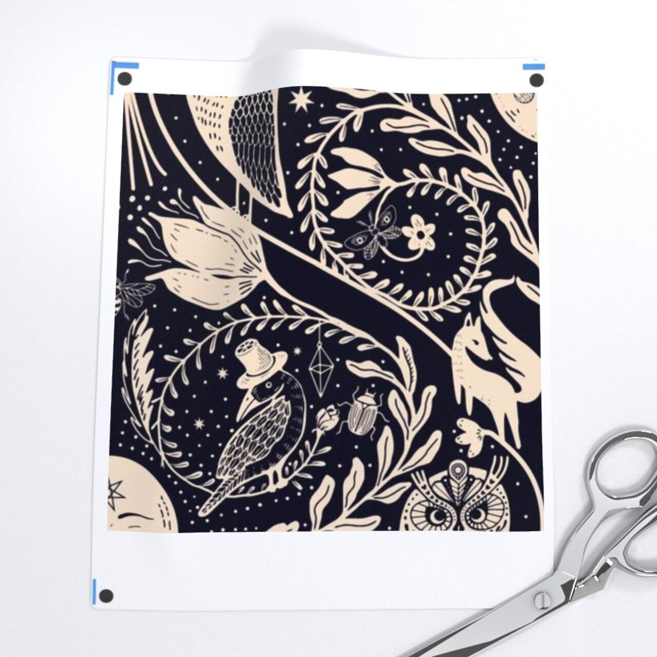 Celestial Damask Whimsical Gothic Moon Stars Night Sky Owl Raven Mystical Dark Custom Printed Fabric by Spoonflower Various Fabrics by the Yard or Fat Quarter 16010579